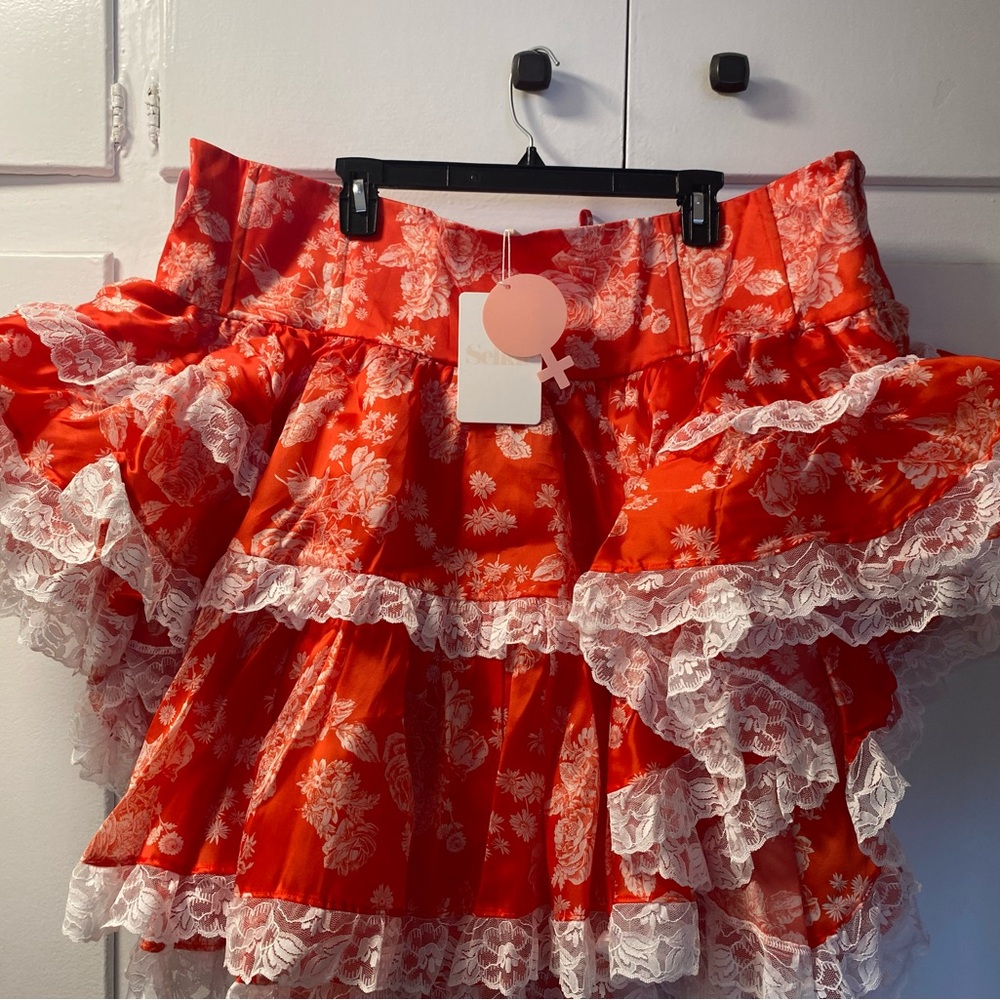 ❤️very Dior! Selkie Secret Admirer Silk Red Asymmetrical Skirt with White Lace - Picture 11 of 15